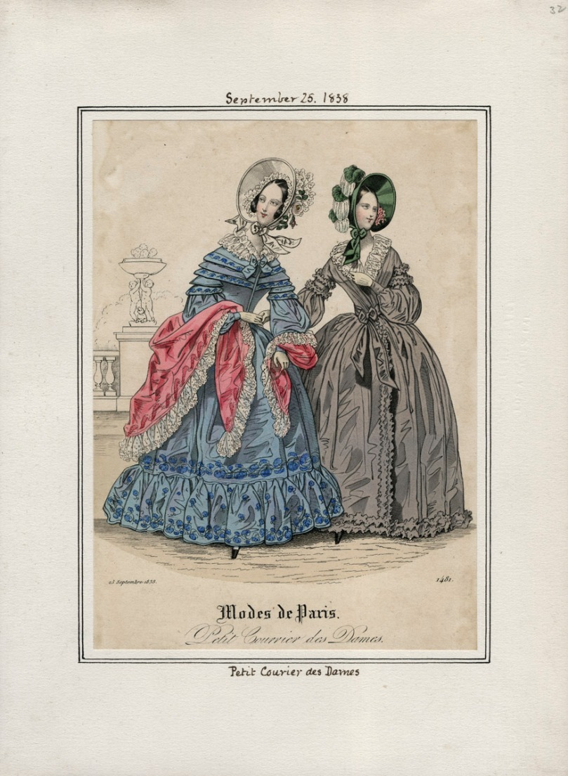 Fashion plate for September 1838 from Petit Courier des Dames (LA Public Library; Casey Fashion Plates)