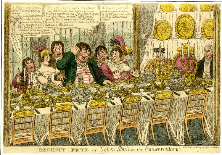 Regency fête, or John Bull in the Conservatory. A farmer (John Bull) and his family gape in amazement at the arrangements for the Prince Regent's fête on 19 June 1811 at Carlton House. British Museum