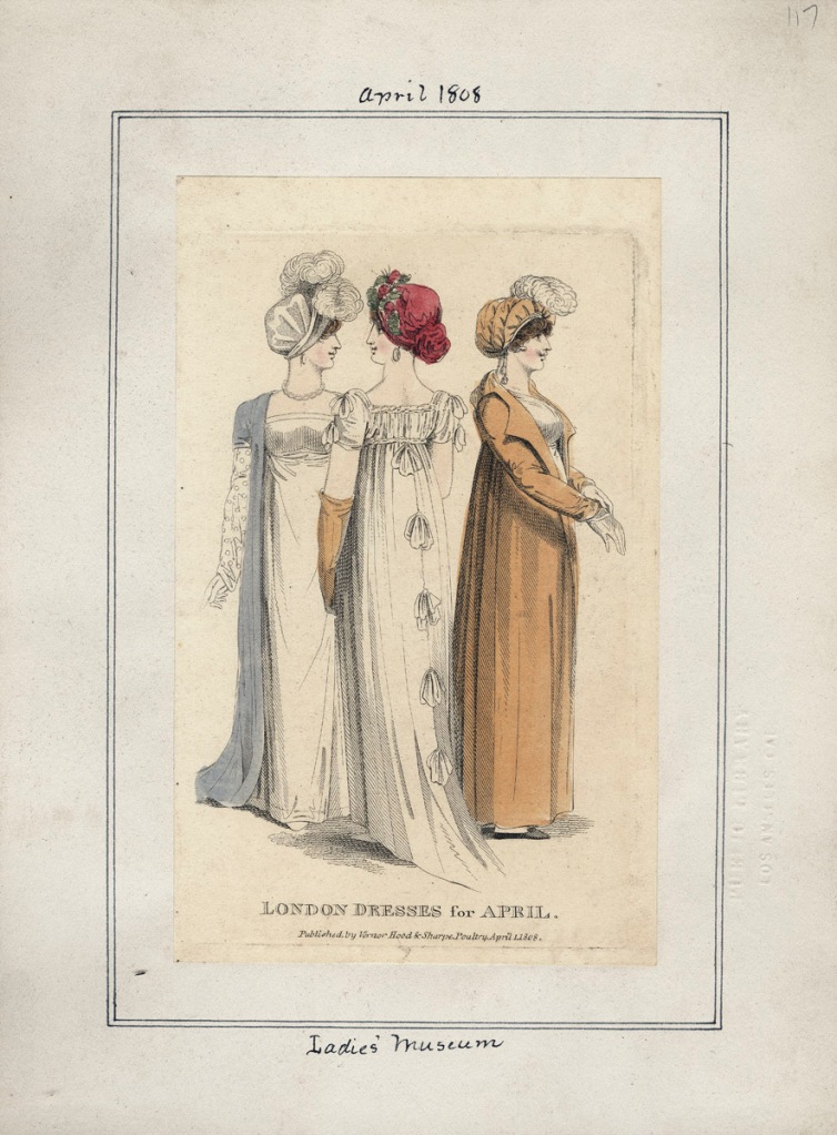 Fashion plate for April 1808 from Ladies' Museum (LA Public Library; Casey Fashion Plates)