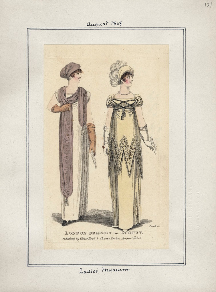 Fashion plate for August 1808 from Ladies' Museum (LA Public Library; Casey Fashion Plates