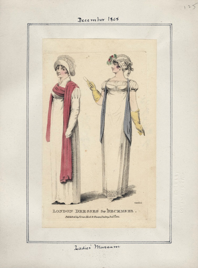 Fashion plate for December 1808 from Ladies' Museum (LA Public Library; Casey Fashion Plates)