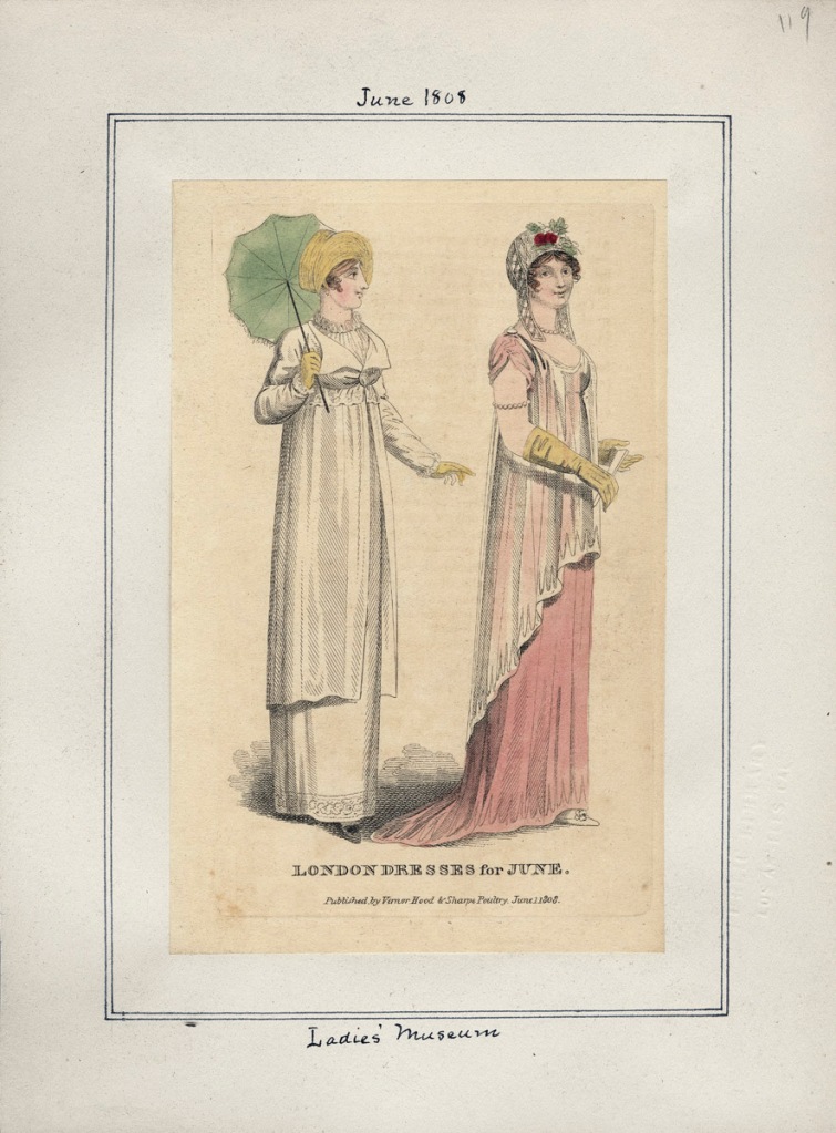 Fashion plate for June 1808 from Ladies' Museum (LA Public Library; Casey Fashion Plates)