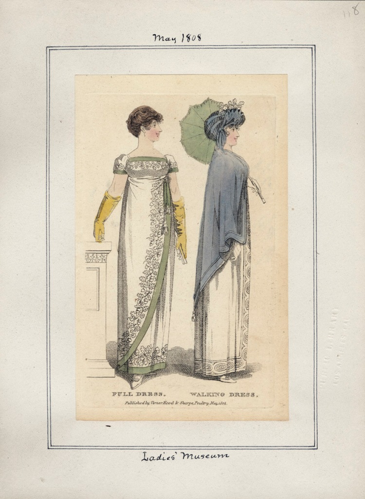 Fashion plate for May 1808 from Ladies' Museum (LA Public Library; Casey Fashion Plates)