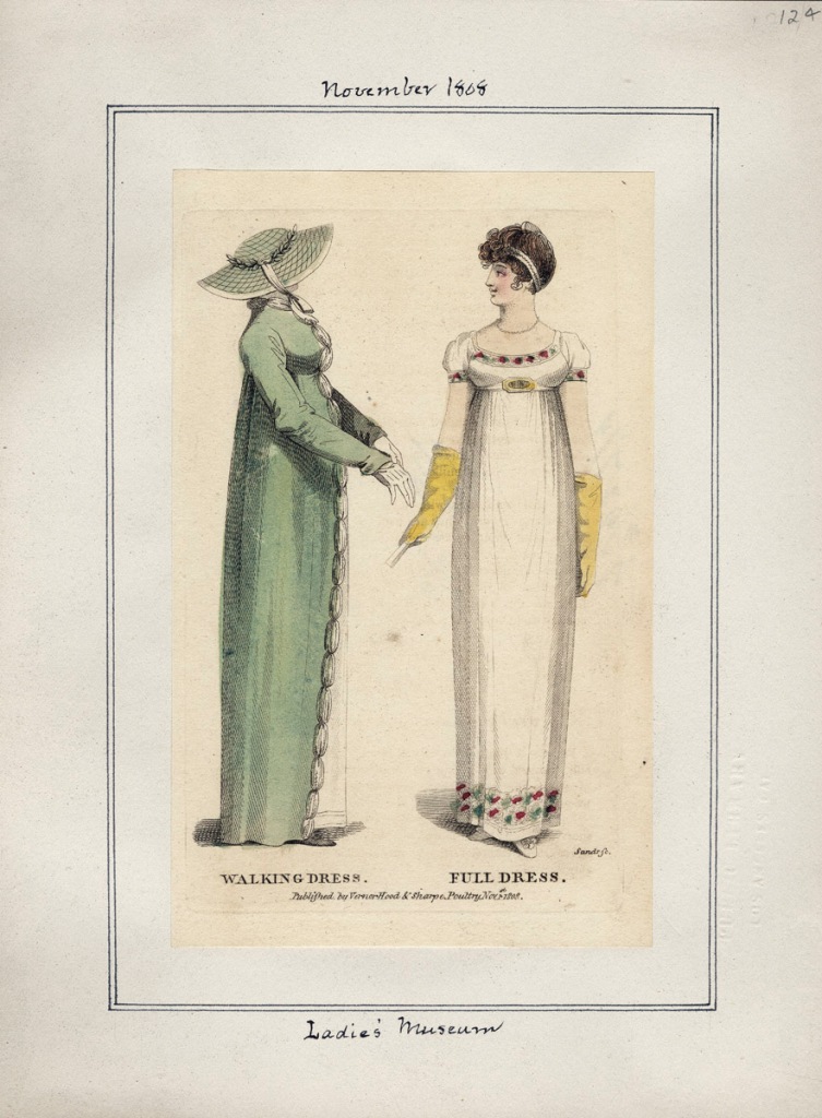 Fashion plate for November 1808 from Ladies' Museum (LA Public Library; Casey Fashion Plates)