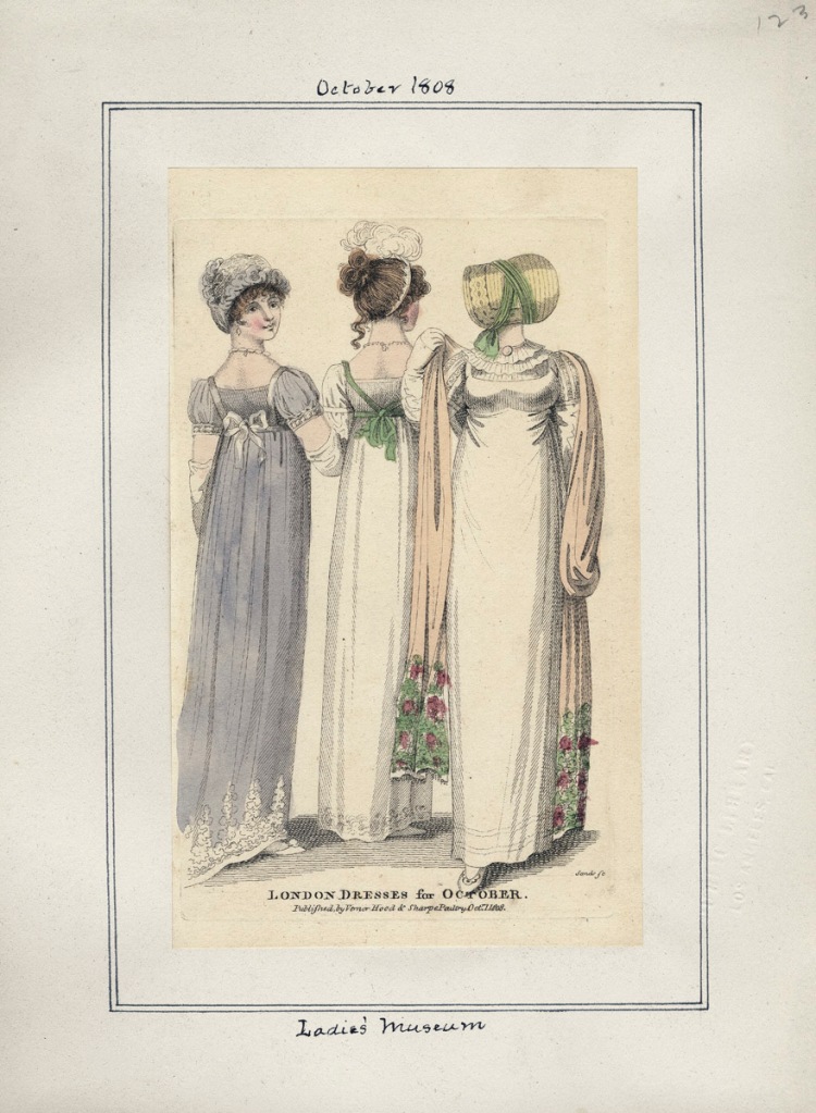 Fashion plate for October 1808 from Ladies' Museum (LA Public Library; Casey Fashion Plate)