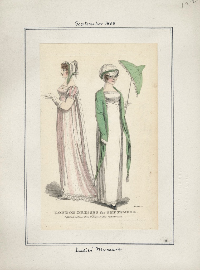 Fashion plate for September 1808 from Ladies' Museum (LA Public Library; Casey Fashion Plates)