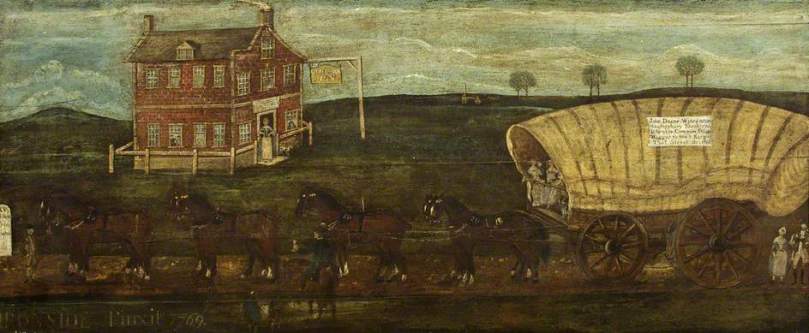 Old Down Inn by Ironside, 1769. Shows a covered wagon pulled by horses, outside an inn. A sign on the wagon reads; 'John Deane Wincanton Shaftesbury Sherborne & Brutton Common Stage Waggon to the 3 Kings Tho.s Street Bristol'. The inn sign reads; 'Old Down Inn'. A roadsign is inscribed; XV Miles from Bristol'. (c) Bristol Museum and Art Gallery; Supplied by The Public Catalogue Foundation
