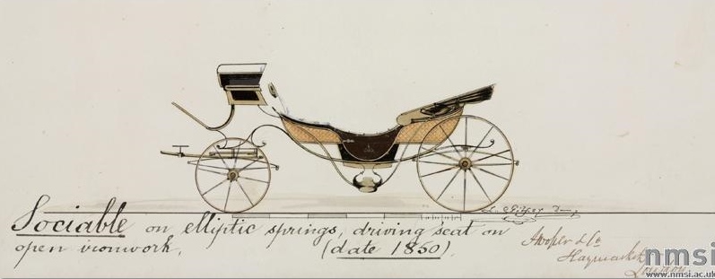 Sociable carriage c.1850, drawing by J. Gilfoy, Science Museum.