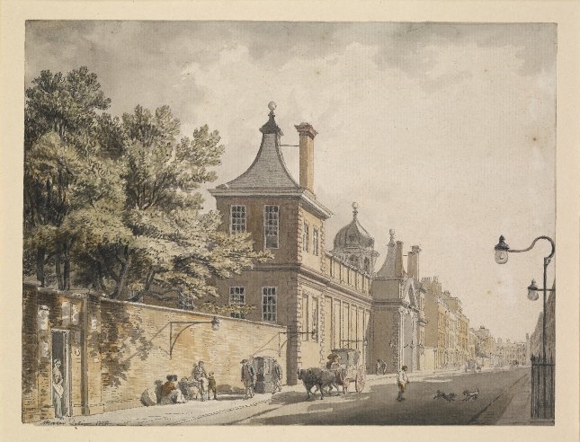Gateway of Montagu House, the old British Museum; view looking east long Great Russell Street, with the gateway of Montagu House at left, a coach coming along the road, a sedan chair on the left pavement, and children at a fruit-stall against the wall, other figures in the street. 1778 Watercolour, with pen and grey ink (British Museum).